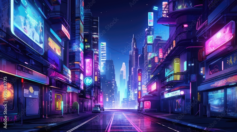 The picture of the neon night time futuristic cyberpunk scifi metropolis yet bright with neon light that fill everywhere of metropolis and fill with tall building and long roadway at night. AIGX01.