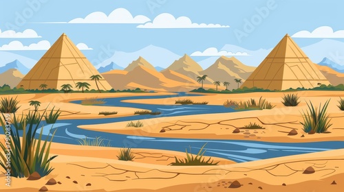 Oasis with lake water in dry african Sahara, cracks in the ground with dusty green plants, sunny blue sky, yellow sand and stone pyramides of Egypt. photo