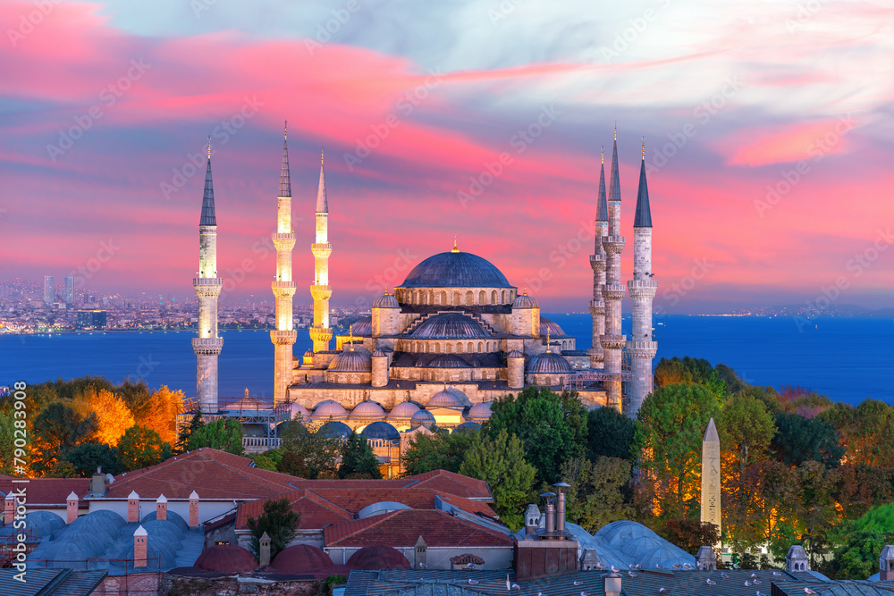 The Blue Mosque or Sultan Ahmet Mosque of Istanbul, colorful sunset view, Turkey