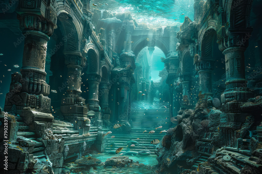 An image of Atlanteans, the mythical inhabitants of Atlantis, interacting with marine life in their