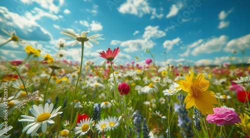 Colorful Flowers in Field Under Blue Sky © olegganko