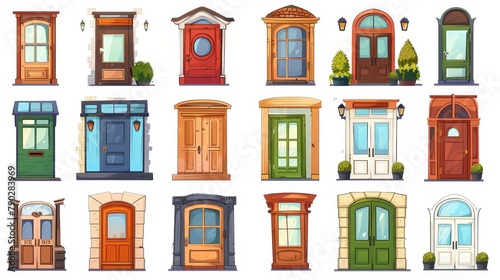 Front door cartoon isolated illustration set. Home exterior icon element with window on white background. Contemporary exterior wood asset kit.