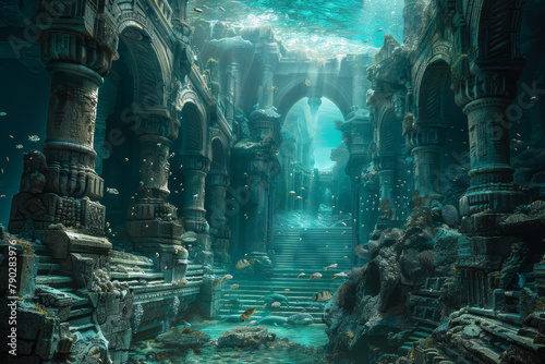 An image of Atlanteans, the mythical inhabitants of Atlantis, interacting with marine life in their photo