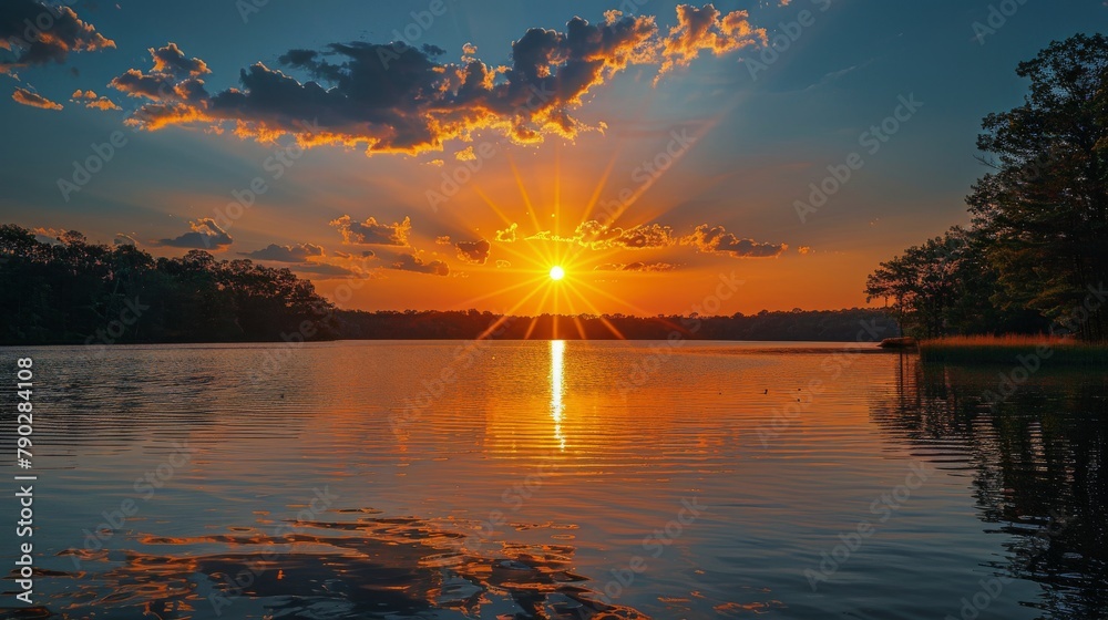Sun Setting Over Lake With Trees Sun Setting Over Lake With Trees