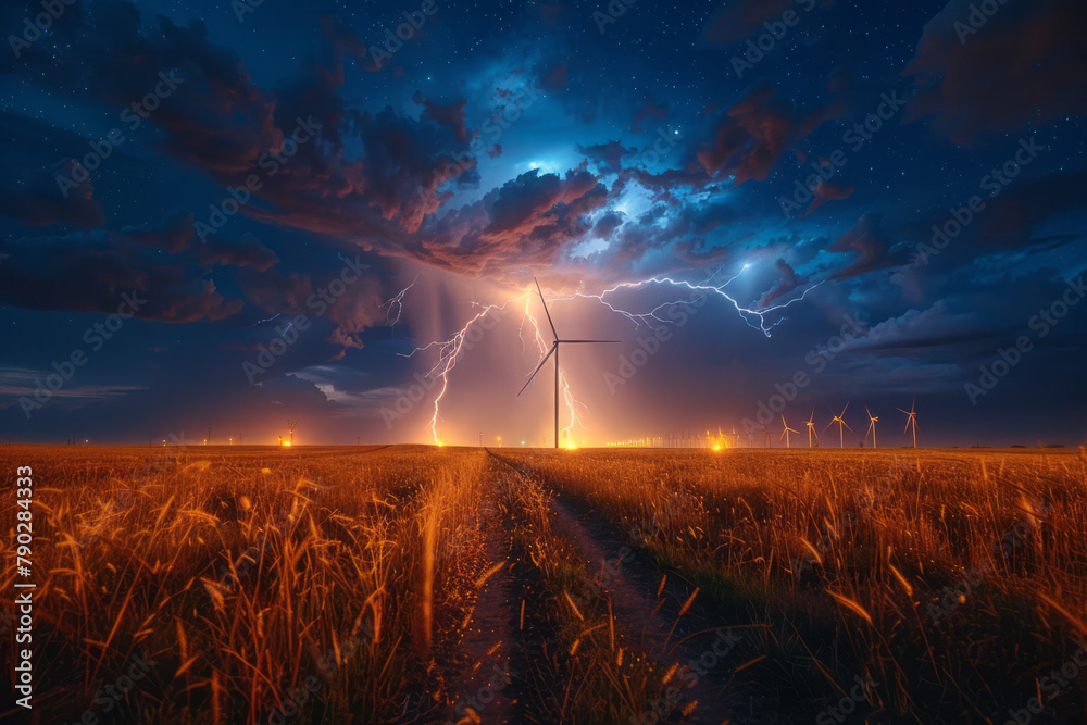 A dramatic image of lightning striking near a wind farm, capturing the raw power of nature and the h