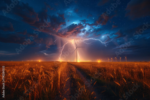 A dramatic image of lightning striking near a wind farm, capturing the raw power of nature and the h