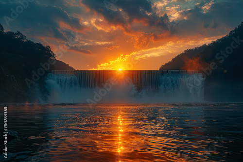 A dramatic sunrise scene with the silhouette of a hydroelectric dam against the light, highlighting photo