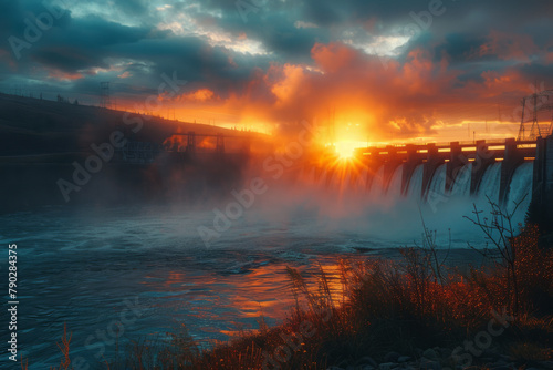 A dramatic sunrise scene with the silhouette of a hydroelectric dam against the light, highlighting