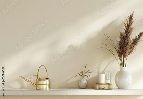 Vase With Plant and Candle on Shelf