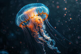 A photograph of a bioluminescent jellyfish floating in deep, dark waters, its glow a natural wonder