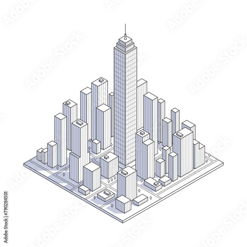 Line art of a metropolis block with skyscrapers  in a minimalist contour style  depicting urban architecture without people or vehicles. 3d isometric vector illustration isolated on white background.