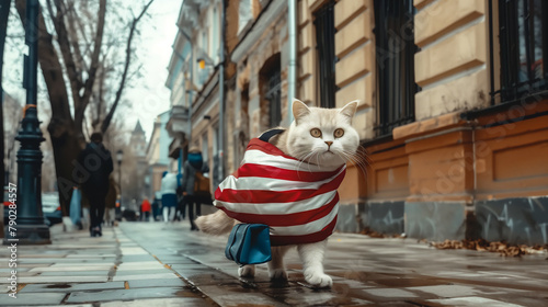 a human-like white cat dressed in a blue jacket, carrying a striped bag, walking confidently on a cobblestone street