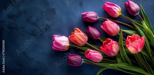 Bouquet of Red and Yellow Tulips on Blue Background