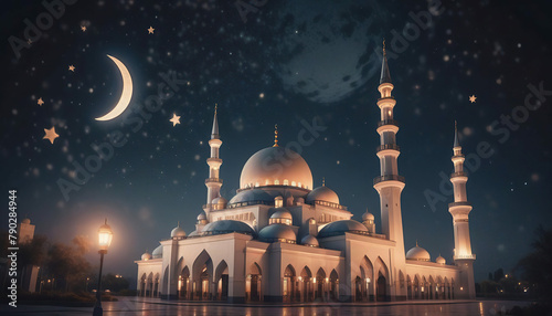 mosque and full moon at night, Ramadan Kareem background.