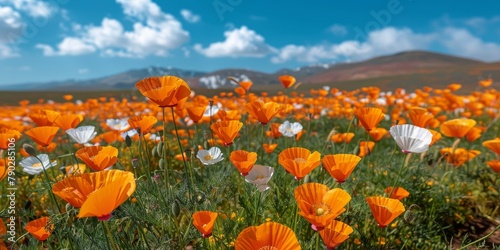 Field of Orange Flowers Under Blue Sky
