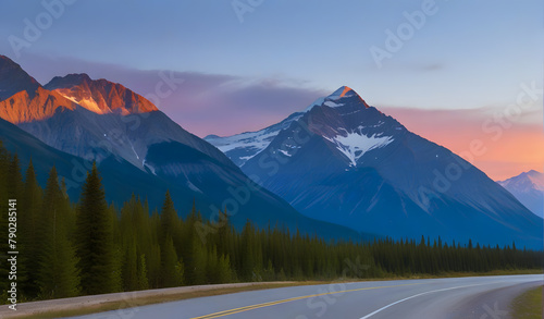 Scenic Icefields parkway in twilight at Jasper national park Canada photo