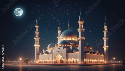 mosque and full moon at night, Ramadan Kareem background.