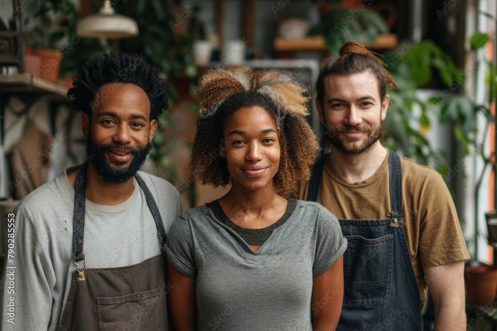 Creative people, portrait and pottery business with team for career, ambition or startup at store. Group of happy employees with smile in affirmative action for diversity or inclusion in plant shop
