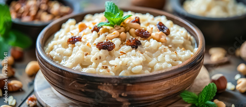 Roz bel Laban is a traditional Egyptian dessert made with rice cooked in milk until creamy and thickened, sweetened with sugar and flavored with vanilla or rose water, then chilled until set photo