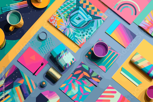 Vibrant branding elements for corporate identity and logo design, including colorful printed literature and marketing strategy concepts 