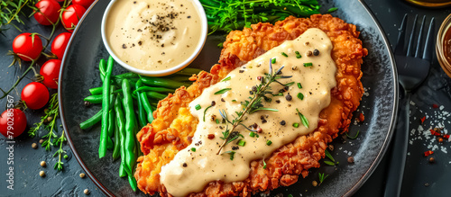 Chicken fried steak is a tenderized beef steak coated in seasoned flour, then fried until crispy and golden brown. It's often served with creamy gravy, mashed potatoes, and green beans photo