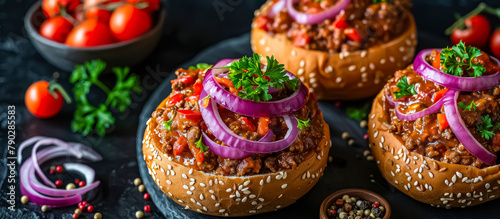 A messy but delicious American sandwich, Sloppy Joes are made with ground beef cooked in a tangy tomato-based sauce, then served on a hamburger bun