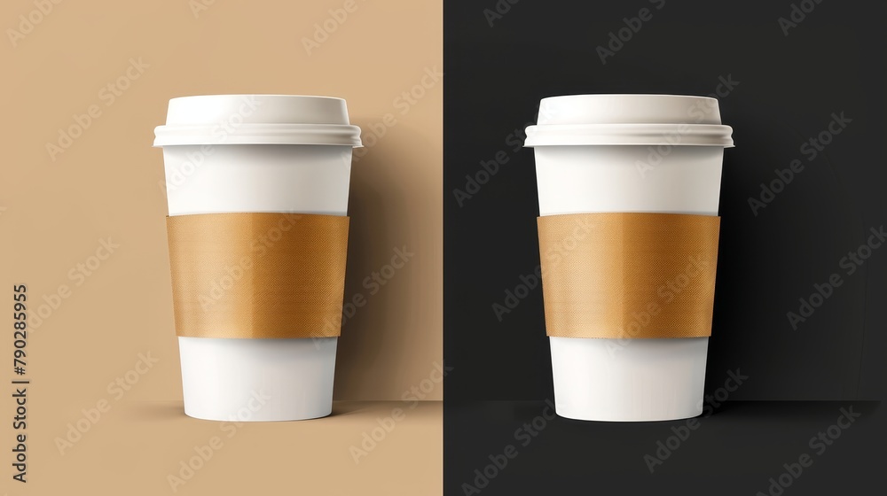 This is an isolated white paper coffee cup modern mockup with an empty disposable plastic takeaway mug with lid and sleeve. This is a realistic cafe container for cappuccino or latte with a brown This is an isolated white paper coffee cup modern mockup with an empty disposable plastic takeaway mug with lid and sleeve. This is a realistic cafe container for cappuccino or latte with a brown