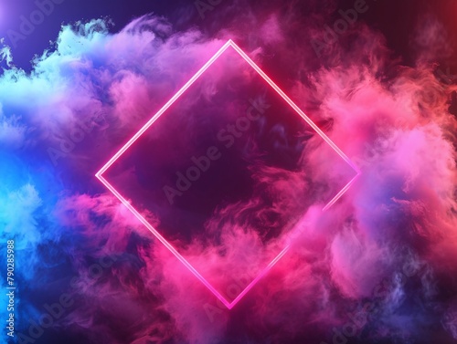 3D render, glowing neon square frame in the clouds 