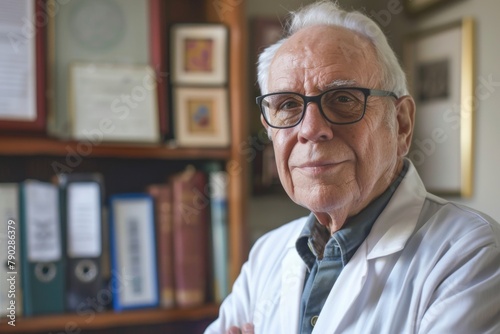 An older male doctor with glasses, in a white coat, looking knowledgeable and wise, standing in his office with medical books and certificates behind him © Filip