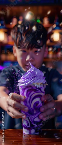 A man presents a whimsical purple and white swirled beverage topped with frothy foam and sparkling accents