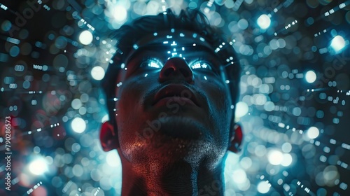 A man is gazing upward, surrounded by a mesmerizing array of sparkling lights