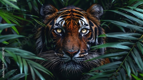 The intricate design of a tiger's stripes, a striking contrast against the lush green foliage of the jungle, a symbol of power and majesty in the animal kingdom.