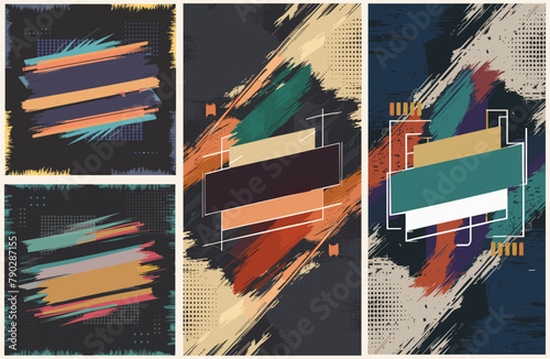 Set of abstract grunge backgrounds, banners with brushstroke and halftone style. Social media post and stories template. Vector illustration.	 photo