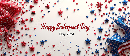 write a "Happy Independent Day 2024" in 3D text using the American flag as a filter, and copy space on the white background