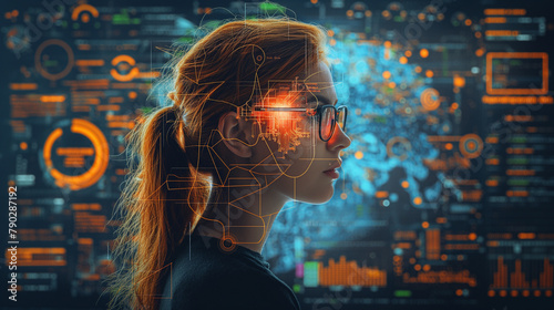 Young woman in glasses on abstract web network background. Future and technology concept, generative ai