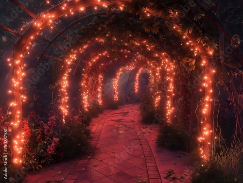 A red brick walkway with orange lights is lit up. The walkway is surrounded by plants and trees, giving it a warm and inviting atmosphere. The lights create a sense of mystery and wonder