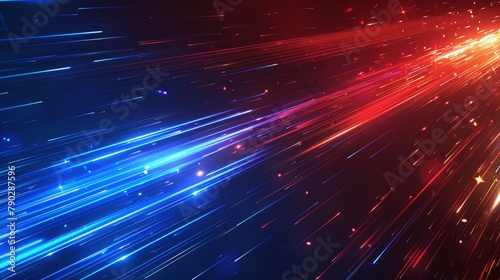 Abstract background with line speed motion light effect. Blue and red dynamic neon race color trail. Digital technology internet data and network cyber concept. Laser flare ray and gradient blur