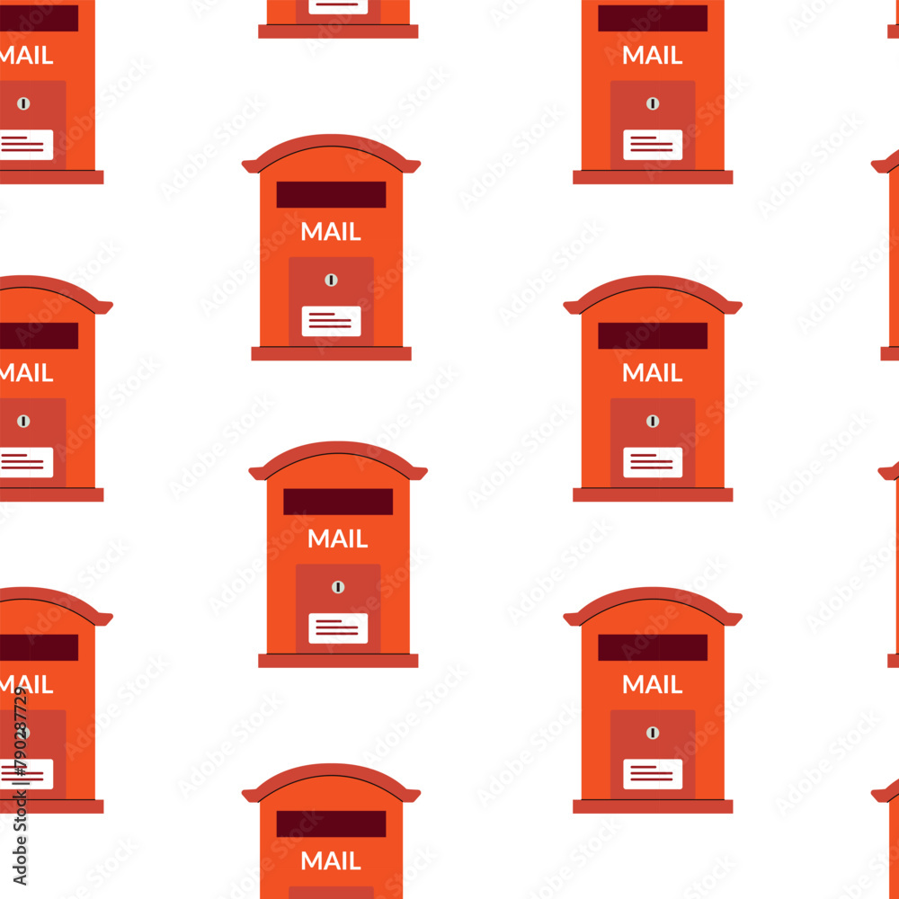 Seamless pattern with mailbox on white isolated background. Red mailbox. Pattern for fabric, packaging. Theme of communication, mail. Seamless pattern with mailbox on white isolated background. Red mailbox. Pattern for fabric, packaging. Theme of communication, mail.