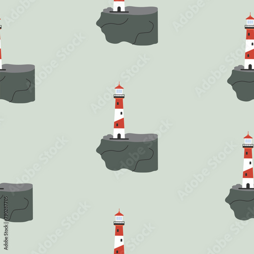 Seamless pattern with lighthouse on a blue isolated background. Beautiful lighthouse. Vector illustration. Pattern for fabric, packaging. © Hanna Perelygina