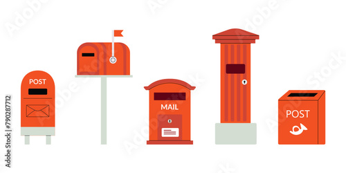 Red Mailboxes vector set. Postal mailing letterbox hanged on wall or pillar for delivery mailed letter. Vector illustration in hand drawn style. Delivery, message, communication concept. Isolated