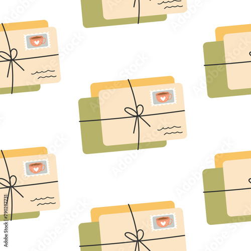 Seamless pattern with cute letters on a white isolated background. Pattern with envelopes, parcels. Vector illustration. Pattern for fabric, packaging. Theme of communication, mail. © Hanna Perelygina