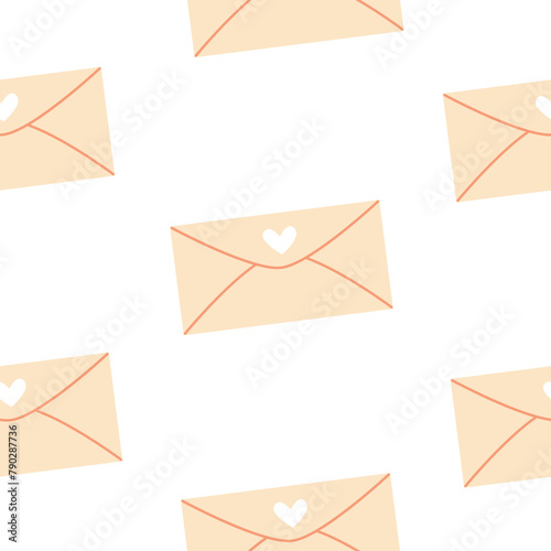 Seamless pattern with cute letters on a white isolated background. Pink letter, envelope with a heart. Vector illustration. Pattern for fabric, packaging. Theme of communication, mail. © Hanna Perelygina