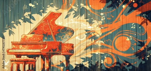 A red piano with music notes and blue dots on it  a poster of musical instruments and sound waves with orange circles around them. 