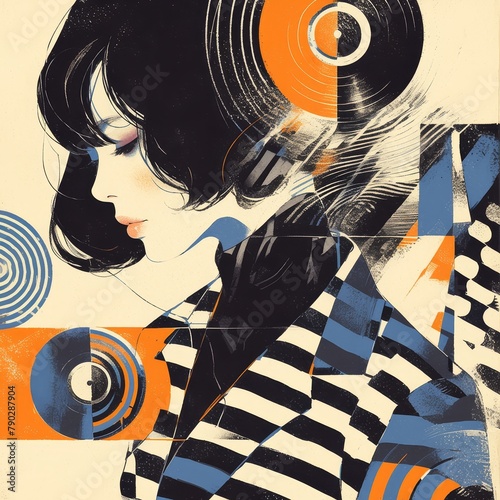 A retrofuturistic collage featuring vintage vinyl records, classic speakers and an elegant woman with black hair, all rendered