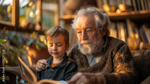5. Intergenerational Learning: Seated in a sunlit study, grandparents engage their grandchildren in an enriching learning session, sharing insights from their vast reservoir of kno