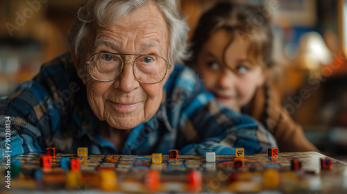 17. Board Game Fun: Around a table piled high with board games, grandparents and grandchildren engage in friendly competition and spirited play. With each roll of the dice and stra photo