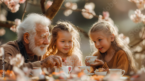18. Outdoor Tea Party: Beneath a canopy of blossoming trees, grandparents and grandchildren gather for an enchanting outdoor tea party. With delicate teacups in hand and sweet trea photo
