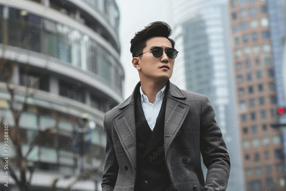 Luxurious fashionable Corean Asian man in the city, copy space of a man a suit and sunglasses stands in front of a tall building Luxurious fashionable Corean Asian man in the city, copy space of a man a suit and sunglasses stands in front of a tall building