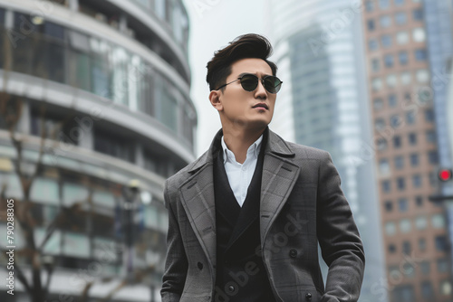 Luxurious fashionable Corean Asian man in the city, copy space of a man a suit and sunglasses stands in front of a tall building