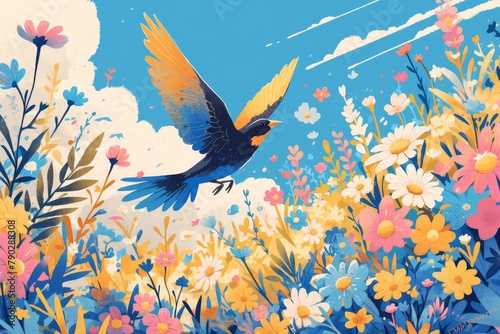 A stylized illustration of the Blackbird in flight, surrounded by vibrant flowers and sun rays. 